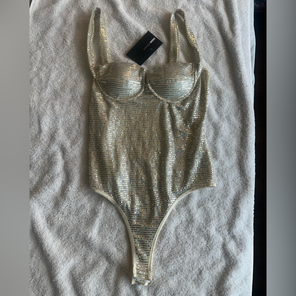 Fashion Nova White Sequin One-Piece size large